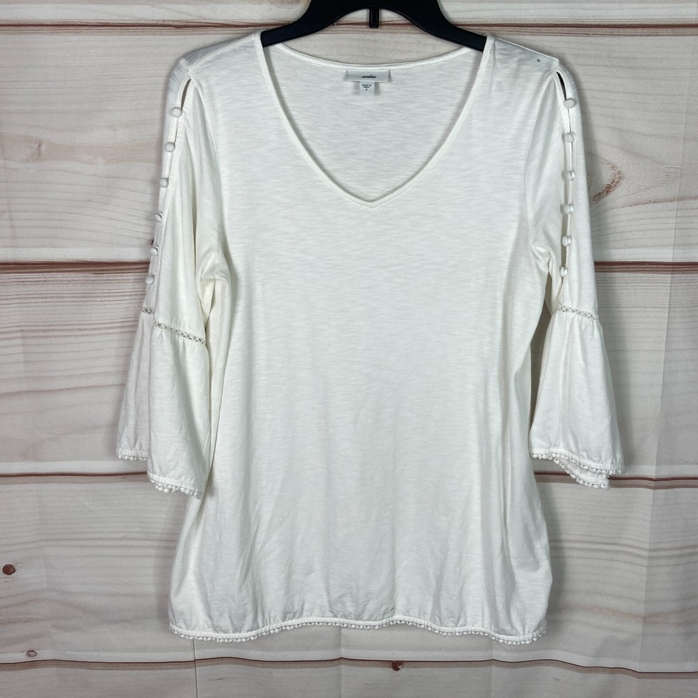 J. Jill Top Womens S White Tunic T-Shirt V-Neck 3/4 Sleeve Button Trim Solid